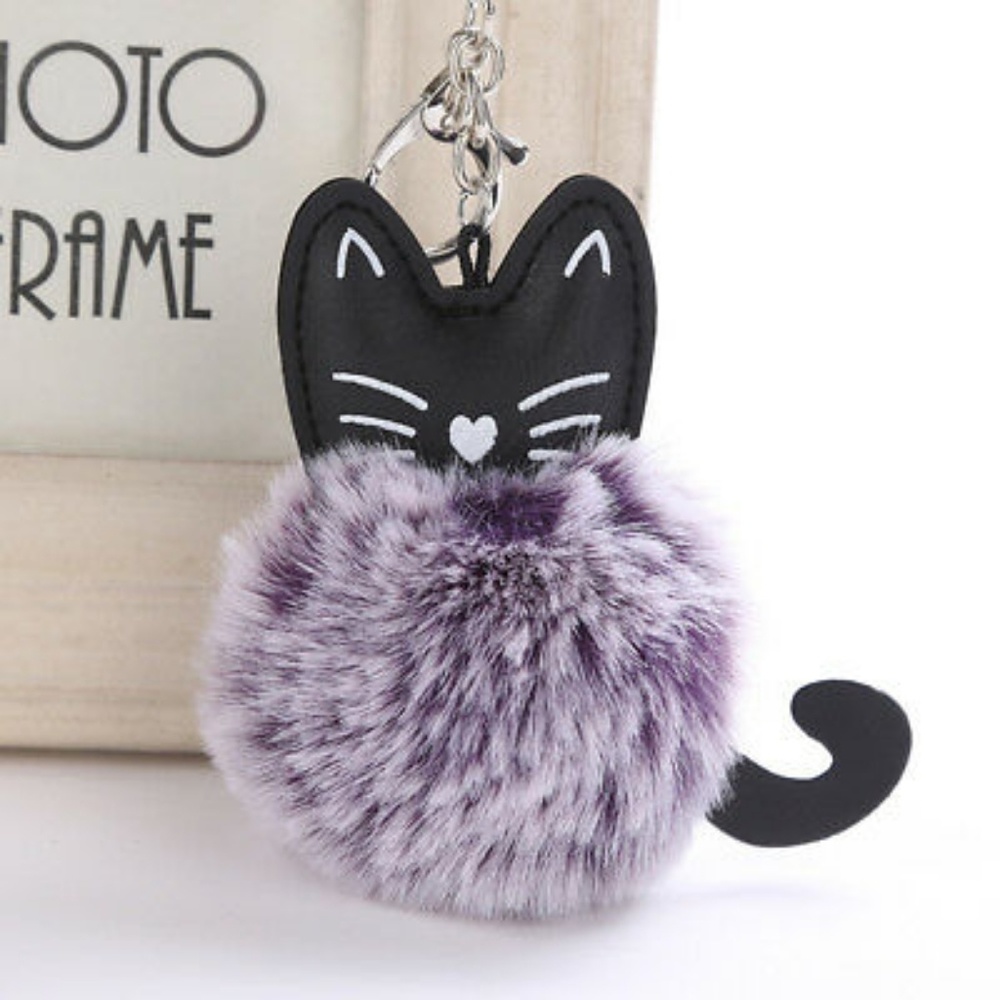 Purple Pompom Kitty Keychain